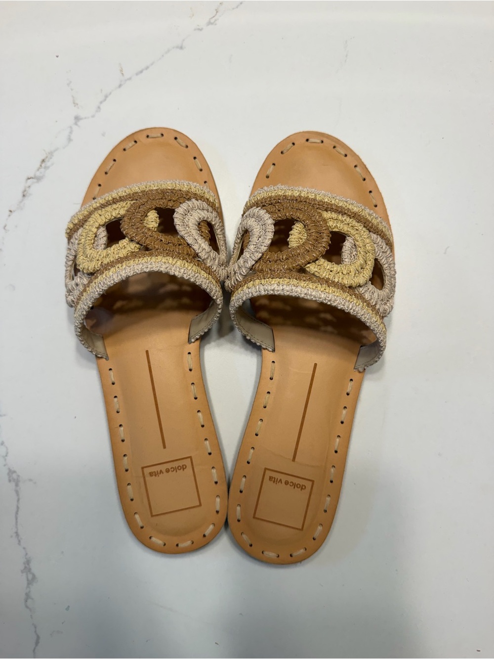 Dolce Vita Braided Slide Sandals - Beige, Tan, Gold Accent